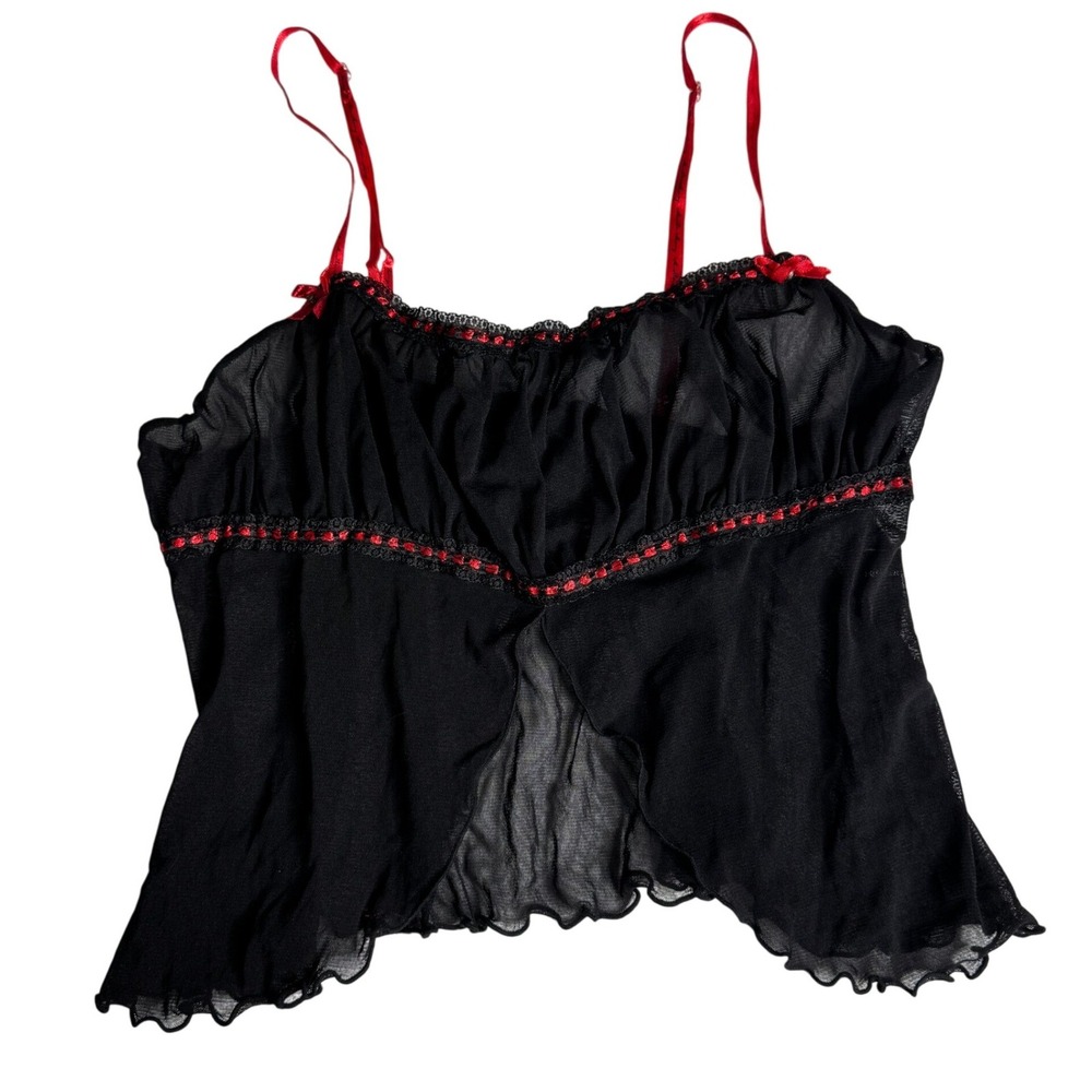 Hustler Y2K Sheer Black Mesh Babydoll Cami Whimsygoth Top Red Ribbon Womens M L